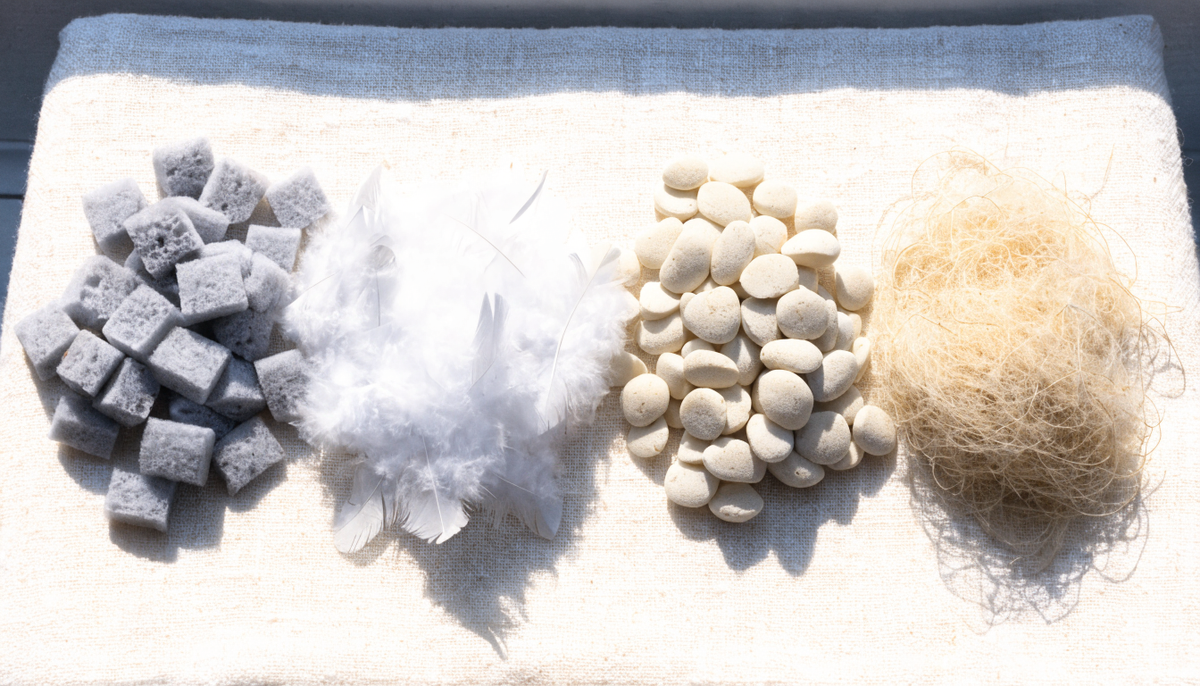 Quatre garnissages d'oreiller comparés : mémoire de forme, duvet d'oie, latex naturel et fibre de bambou