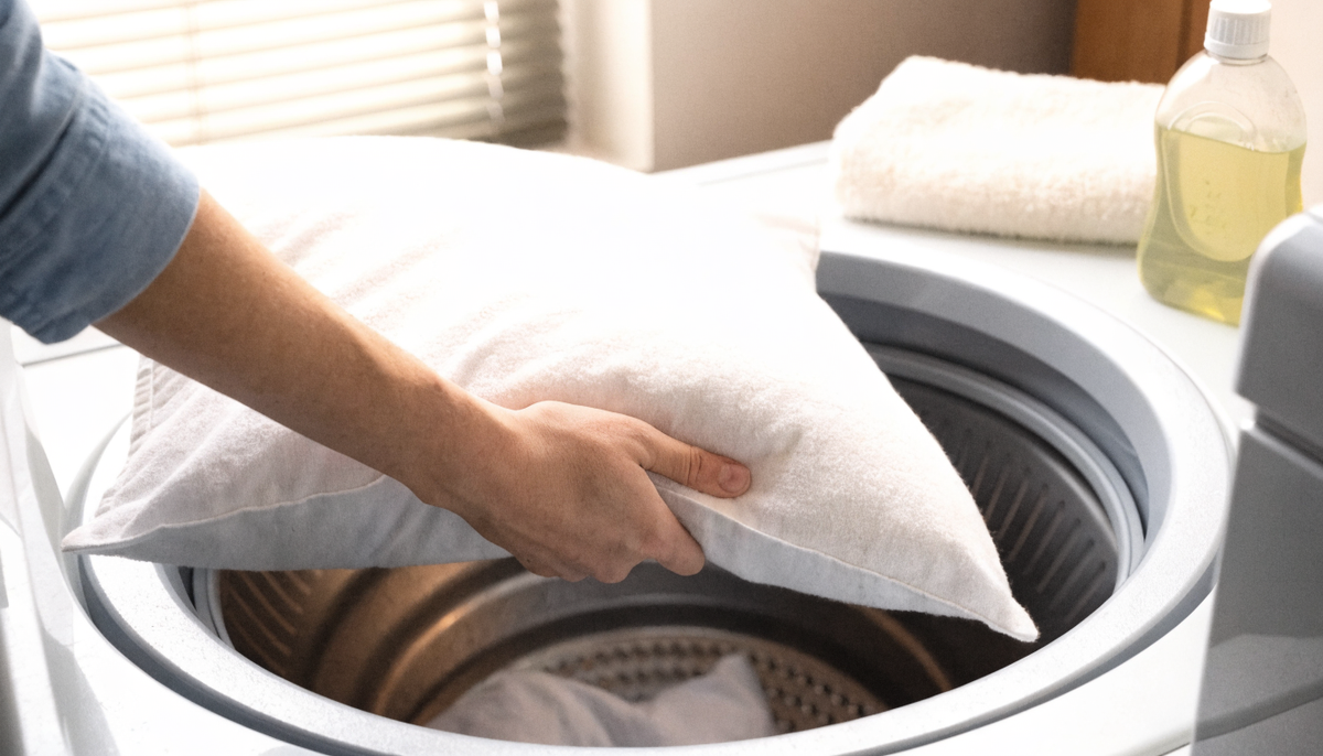 Oreiller blanc placé dans le tambour d'un lave-linge, buanderie claire