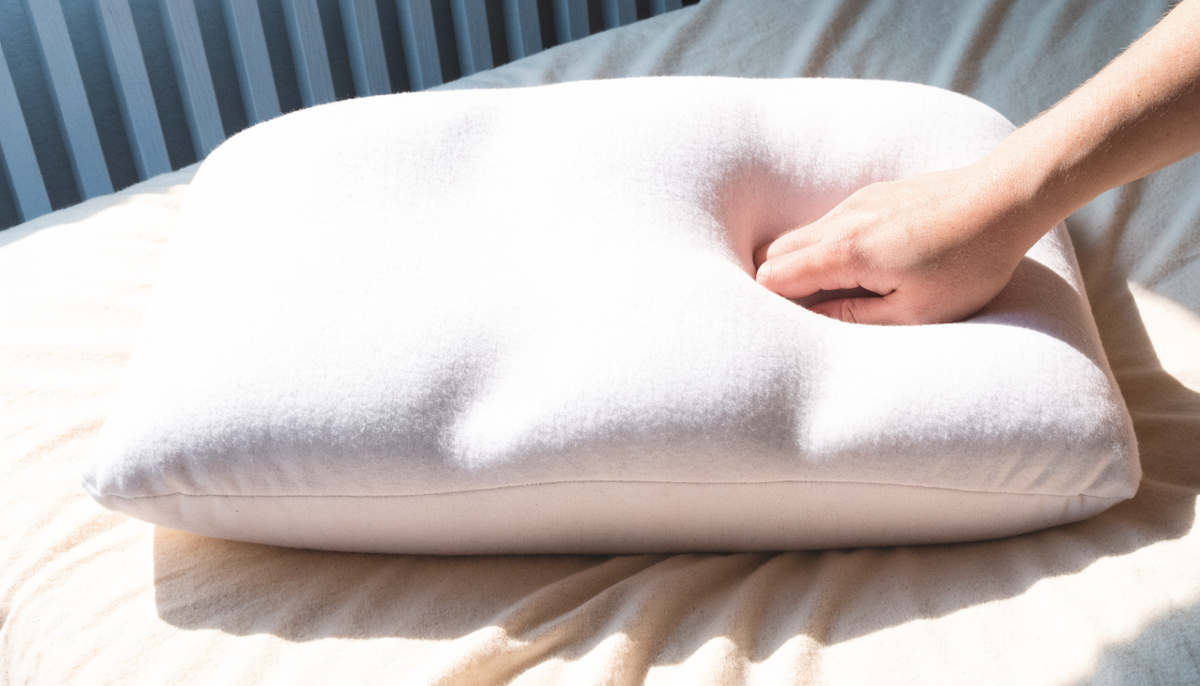 Oreiller à mémoire de forme en creux sous la pression d'une main, empreinte visible