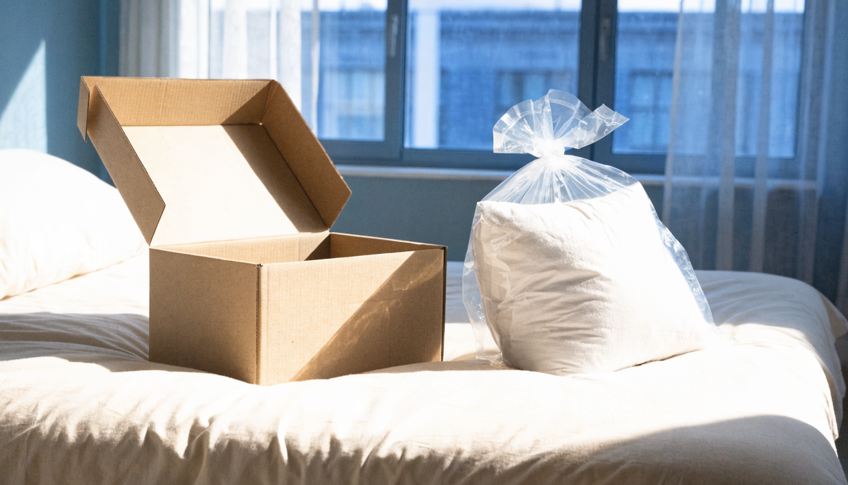 Oreiller compressé sortant de son emballage sous vide, à côté d'un carton ouvert sur un lit