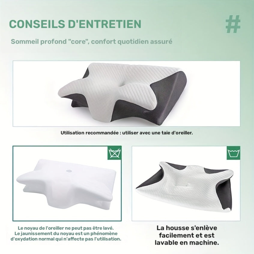 Oreiller cervical papillon en mousse moulée, housse lavable